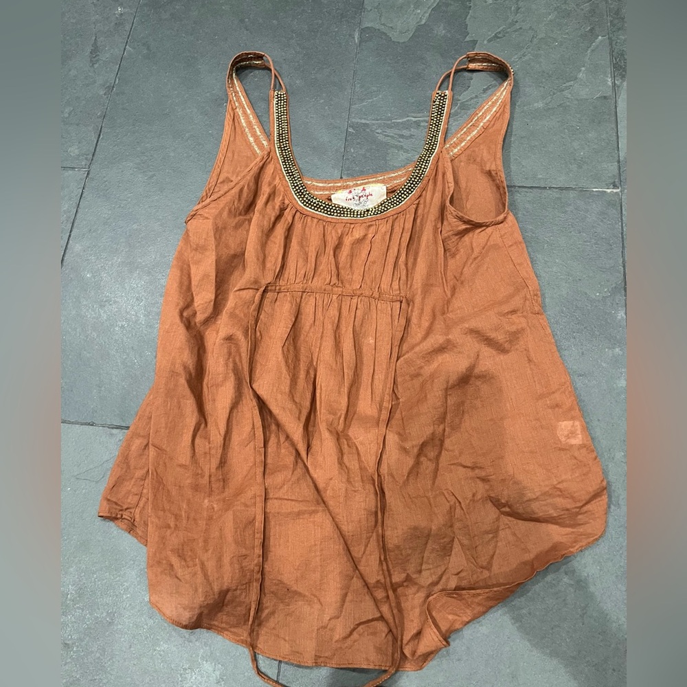 Free people beaded tie front brown tank top XS boho summer light earthy